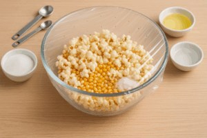 Pop corn sucré au micro onde dans un saladier en verre